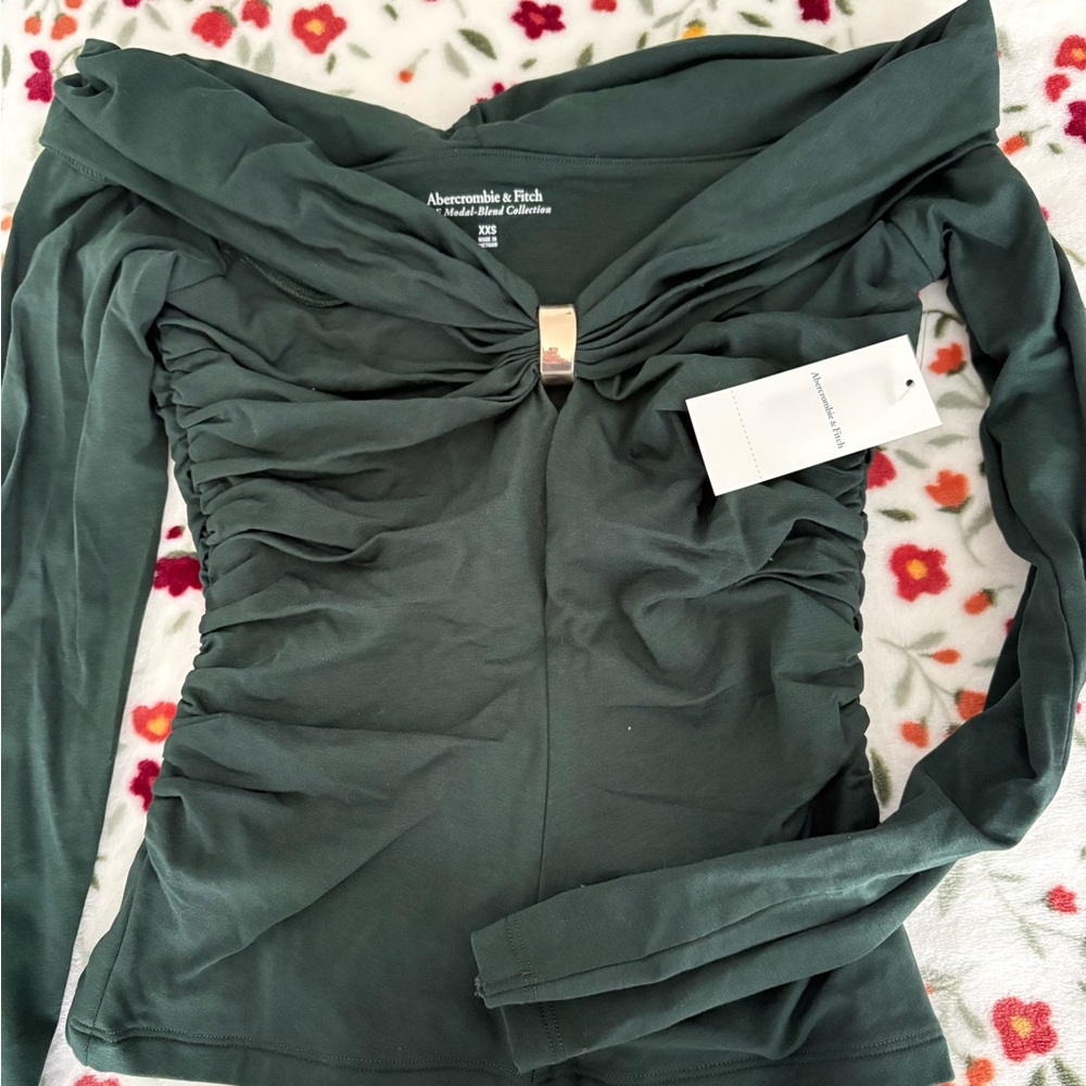 Abercrombie & Fitch Women's Dark Green Ruched Blouse